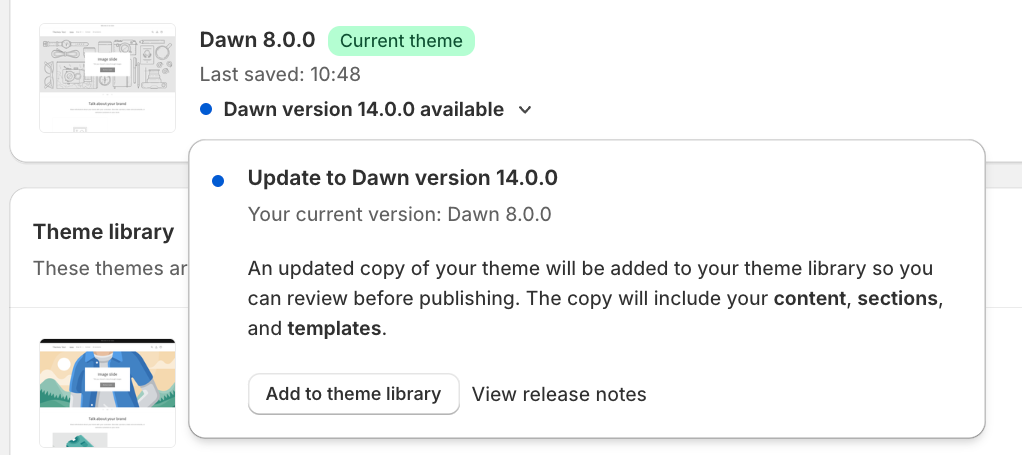 Eksempel-nettbutikk med en bekreftet temaoppdatering for Dawn tilgjengelig.