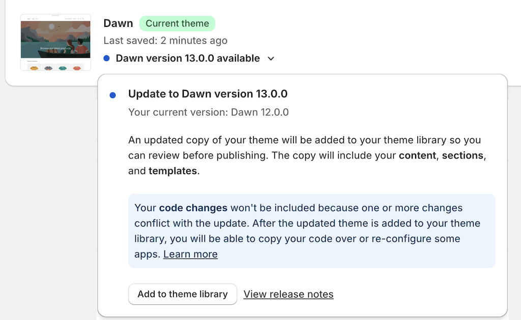 Sample online store with a code changed Dawn theme update available