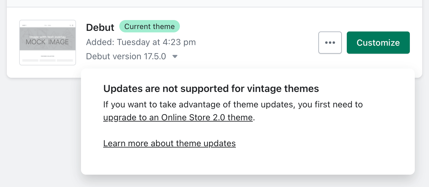Beispiel-Onlineshop mit einem Theme, das keine Updates unterstützt, da es sich um ein Vintage-Theme handelt
