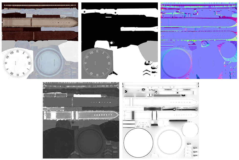 Cinco mapas de textura para um modelo de relógio.