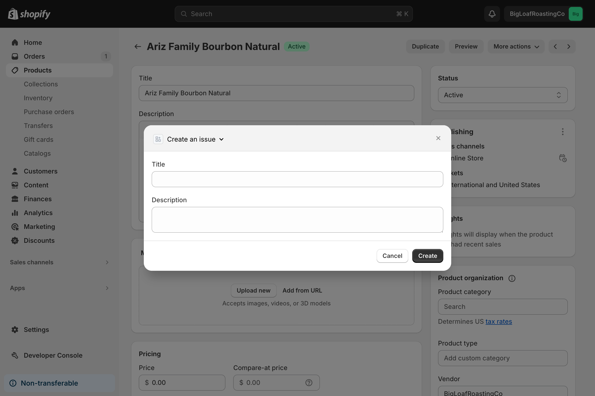 An example action extension displaying as a modal on the Products page of the Shopify admin, with fields for merchants to input data.