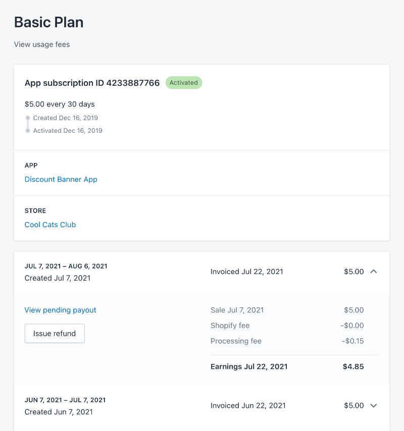 The app charge overview page listing details for a subscription to a Basic plan. The overview page includes the app subscription ID, a clickable link to the app and the store on which the app is installed, payment invoice details, and the option to issue a refund