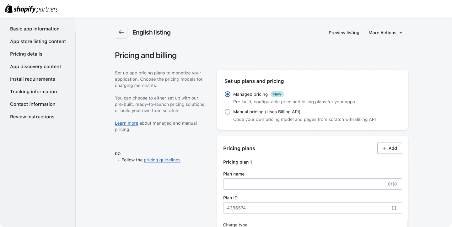 Plan and pricing card with options for Managed Pricing or Manual billing with the API