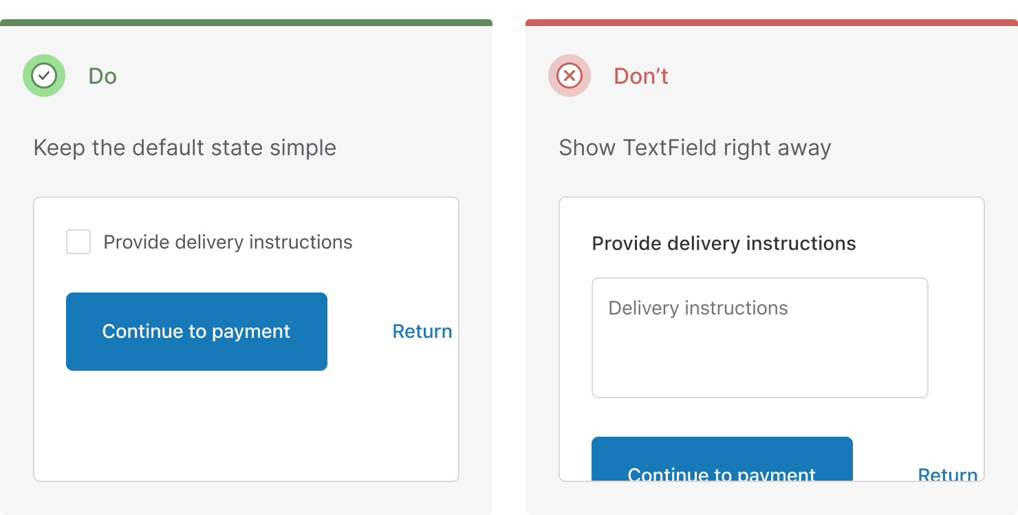 An example of how to use custom fields to capture delivery instructions progressively by revealing information with a checkbox
