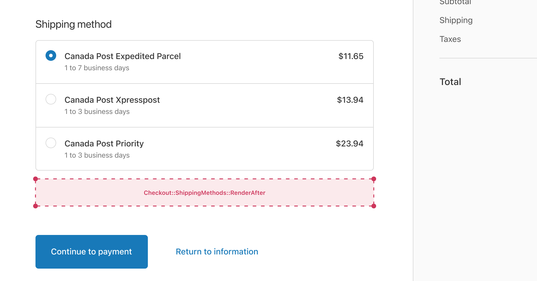 An example of where the purchase.checkout.shipping-option-list.render-after target will render, below the shipping options at checkout.