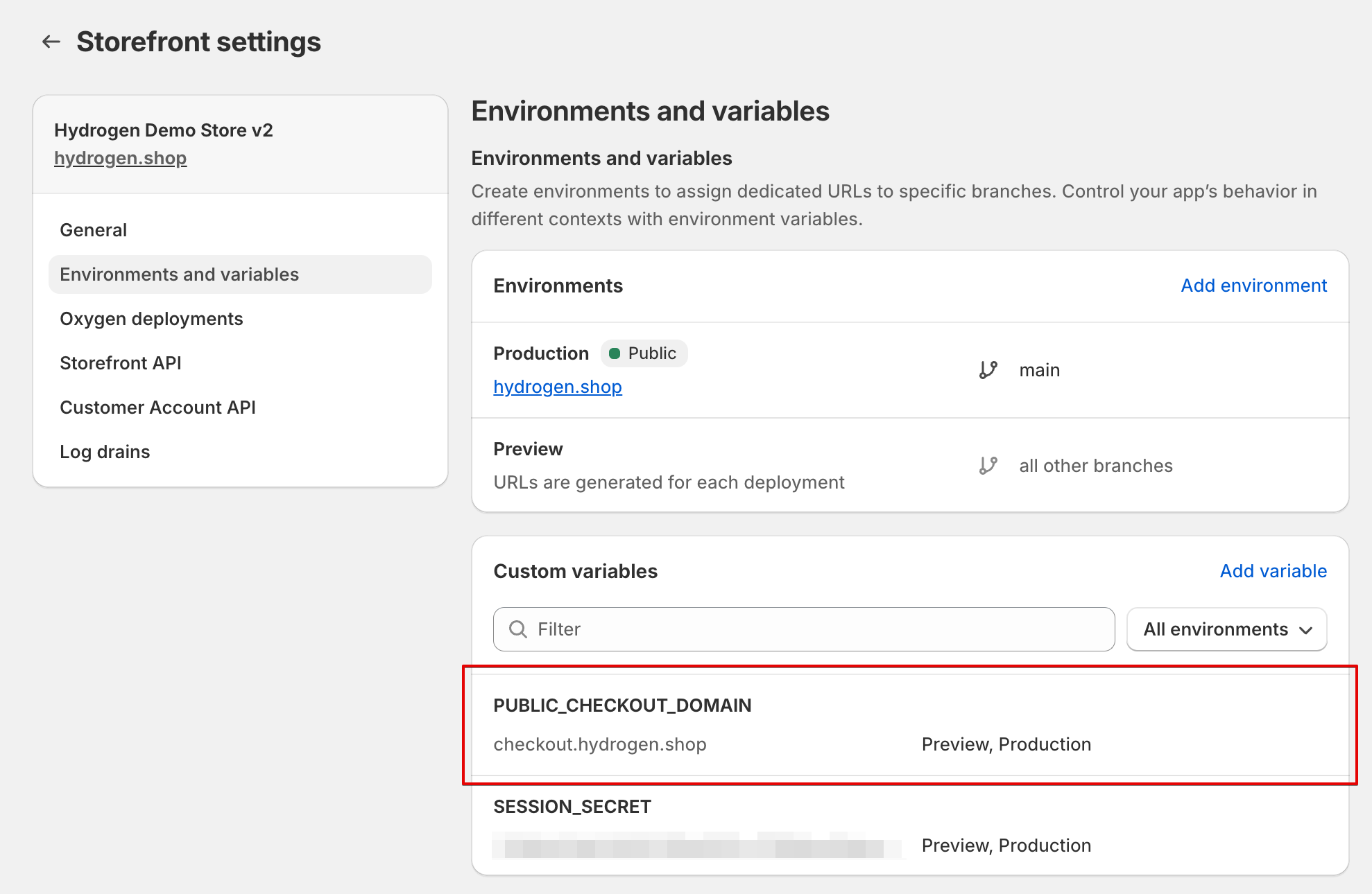 Hydrogen demo store checkout domain environment variable