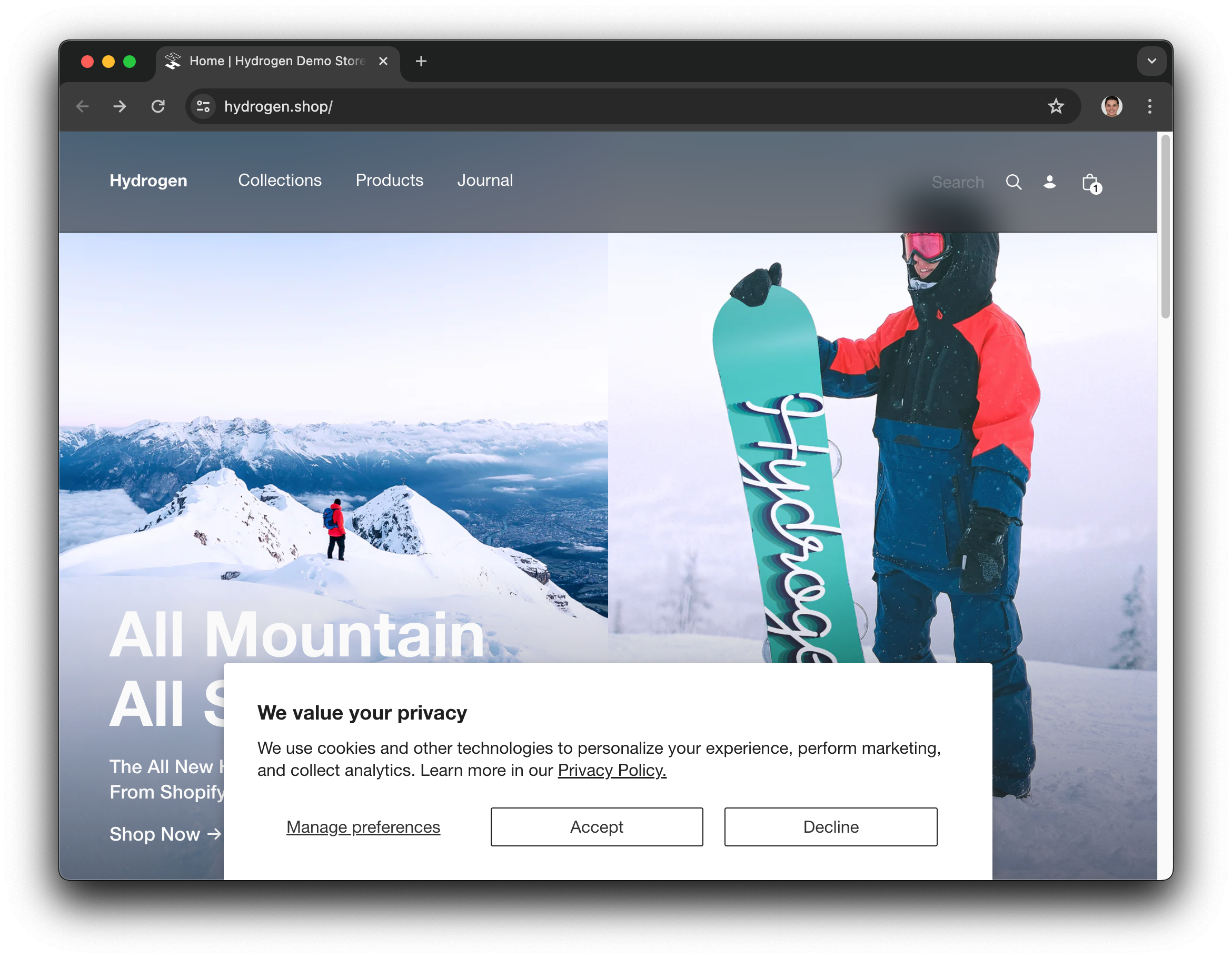 Hydrogen demo store showing Shopify’s default cookie permission banner