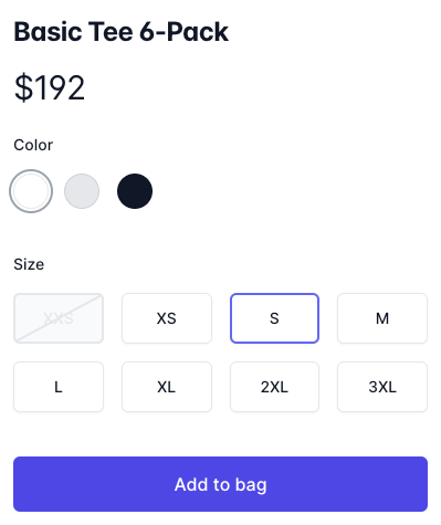 An image of a product form, including variants for t-shirt color and size.