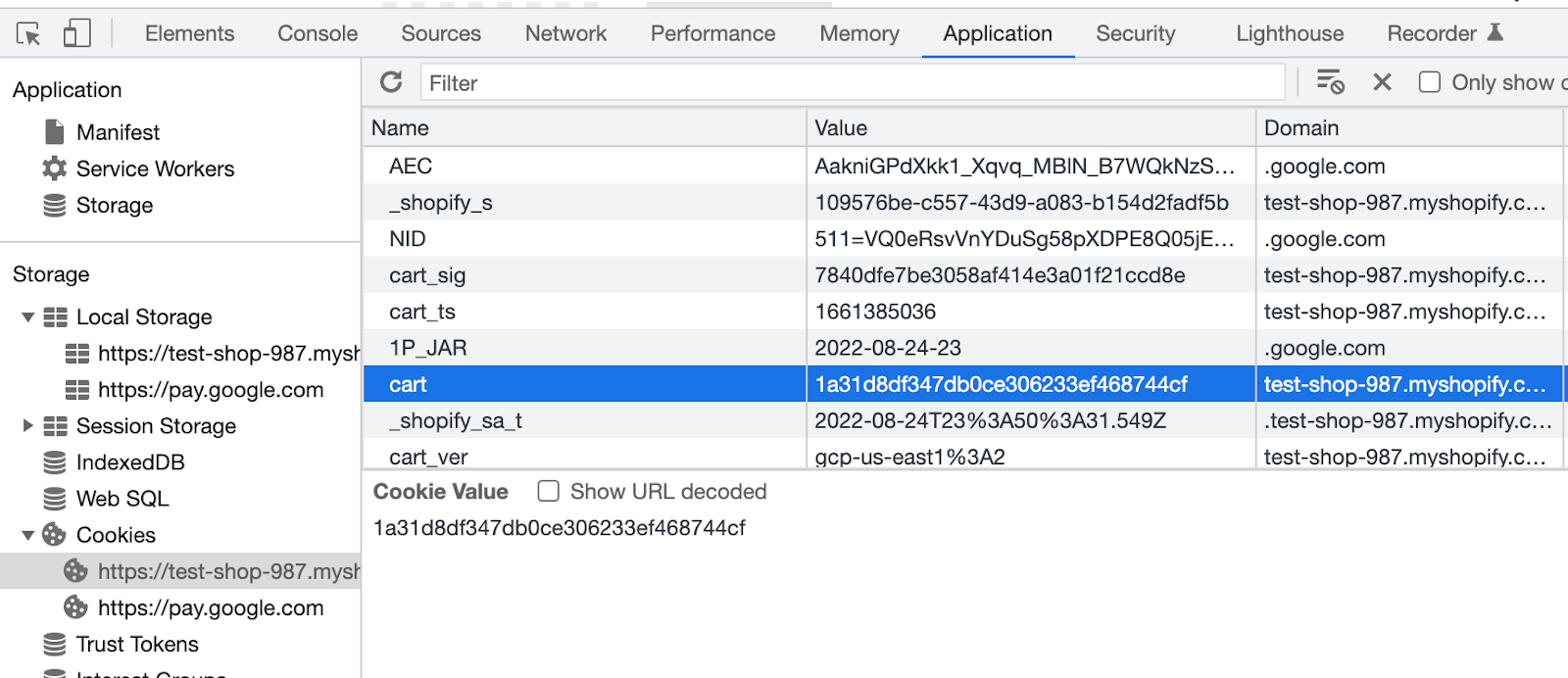 Developer tools in a browser showing Cookies, with a cart cookie