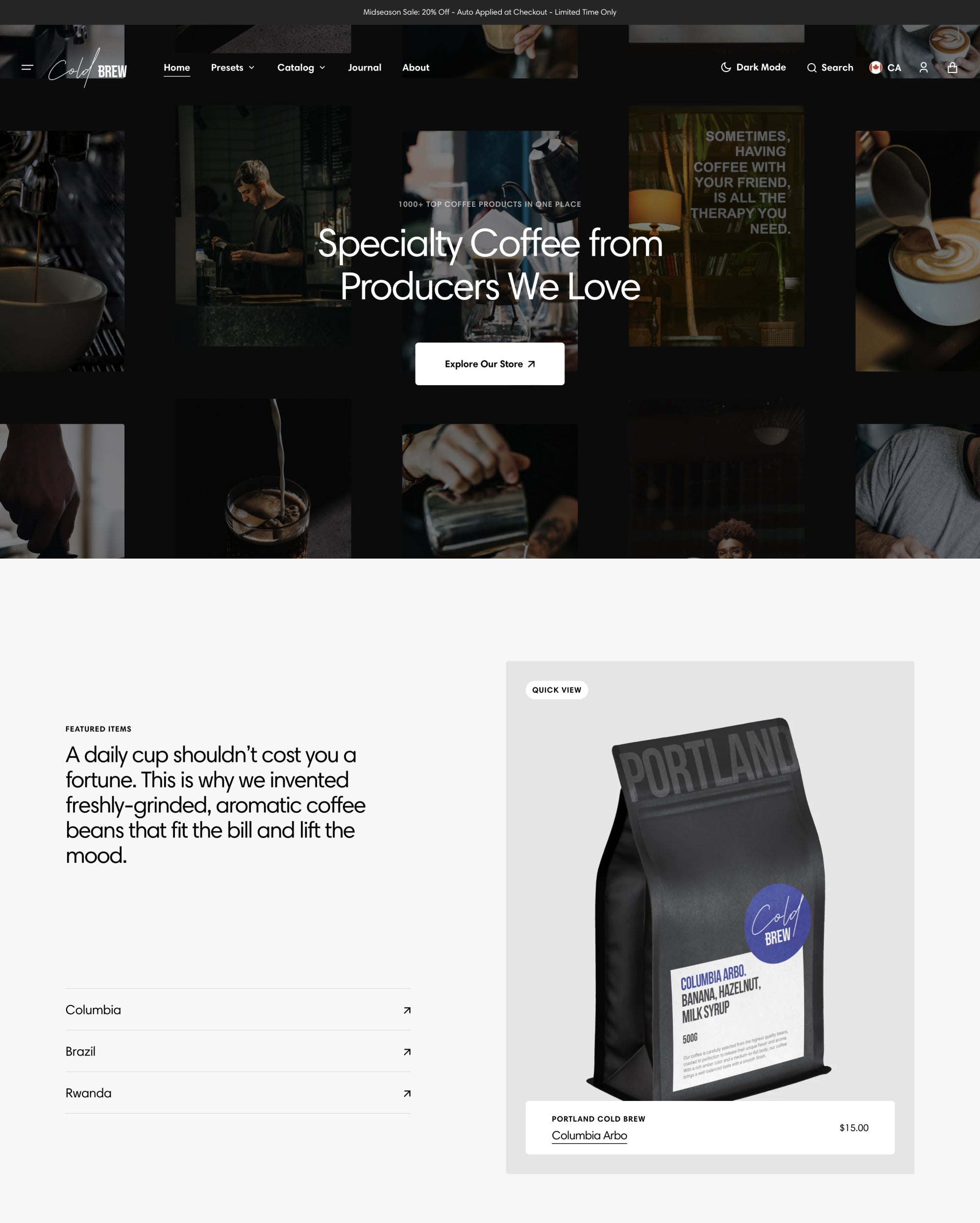 Anteprima in versione desktop del tema Portland nello stile “Cold Brew”